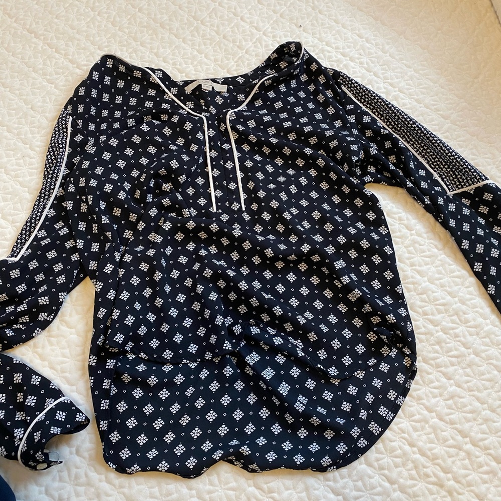LOFT Blue Split Neck Long Sleeve Boho Blouse Size XS Women’s Top